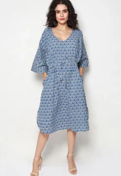 Block Printed Pure Cotton Clinged Waist Dress in Blue
