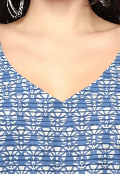 Block Printed Pure Cotton Clinged Waist Dress in Blue