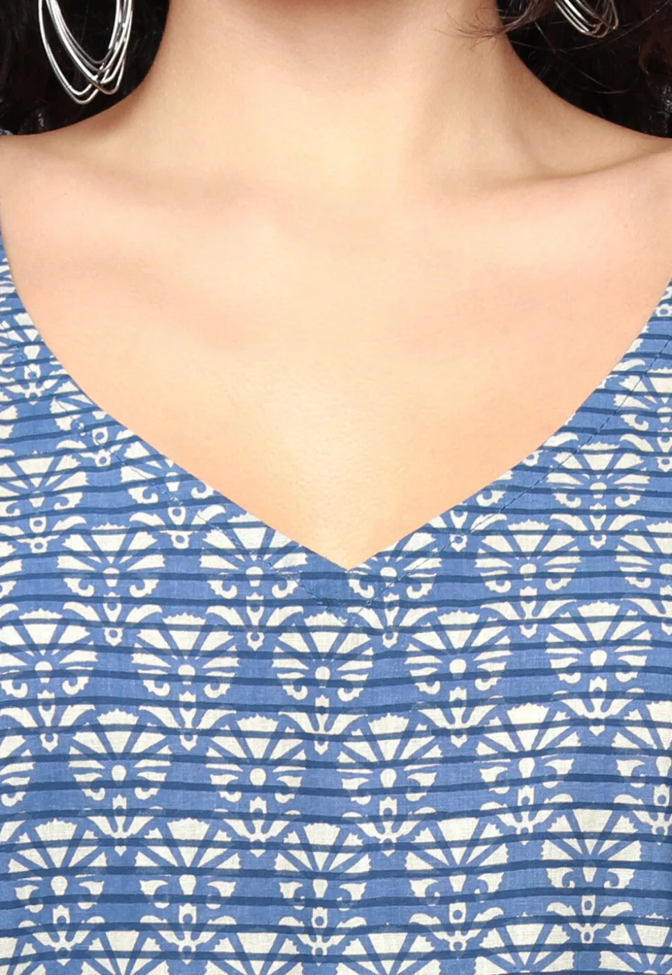 Block Printed Pure Cotton Clinged Waist Dress in Blue