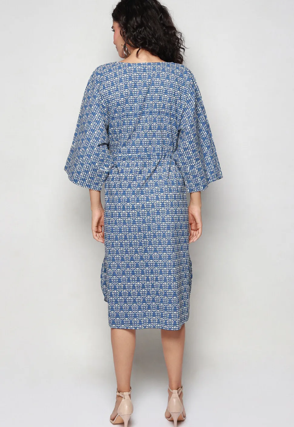 Block Printed Pure Cotton Clinged Waist Dress in Blue