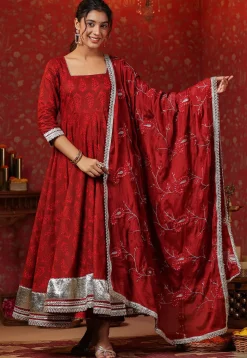 Block Printed Pure Cotton Aline Suit in Red
