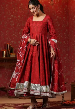Block Printed Pure Cotton Aline Suit in Red