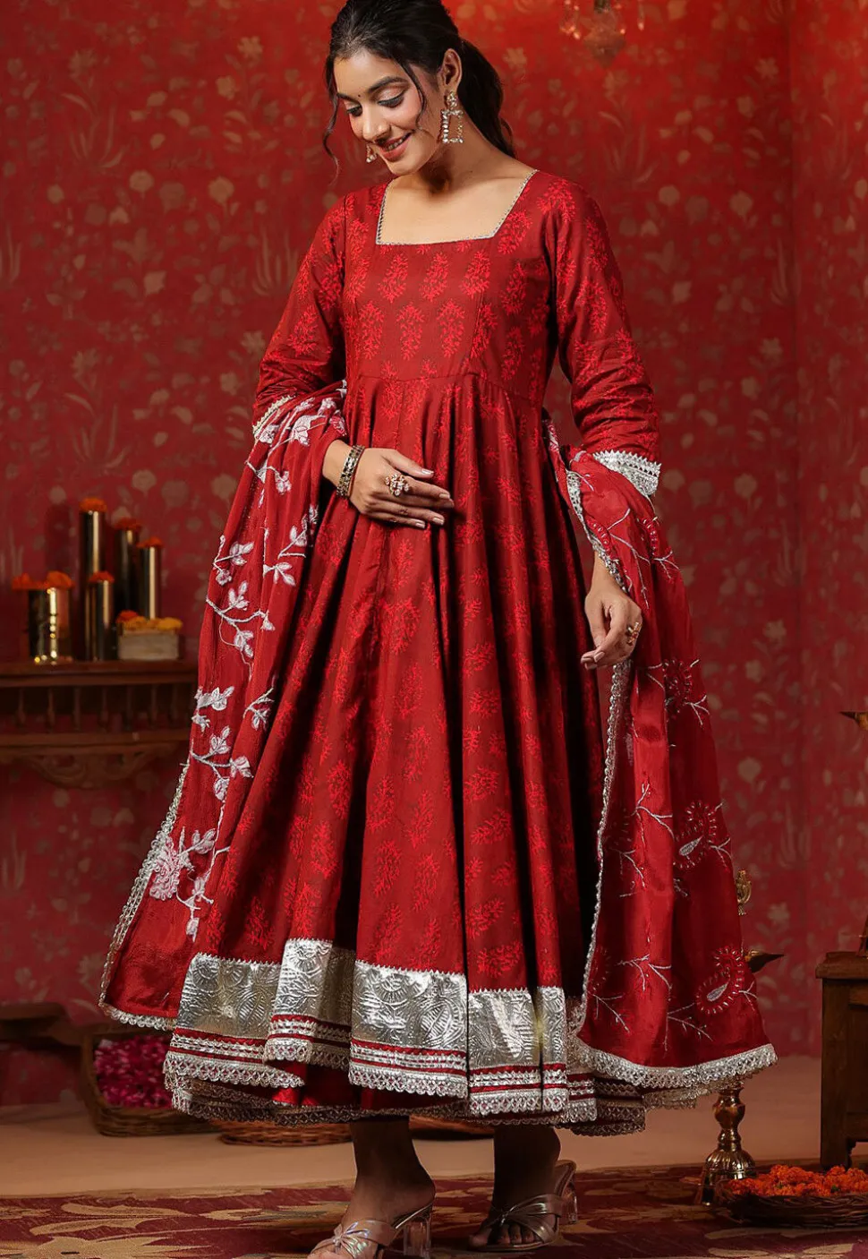 Block Printed Pure Cotton Aline Suit in Red