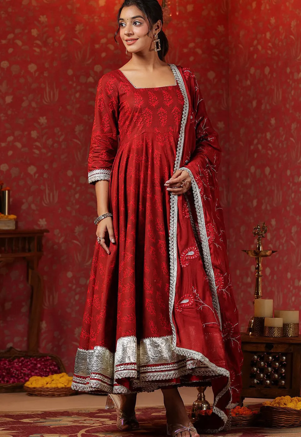 Block Printed Pure Cotton Aline Suit in Red