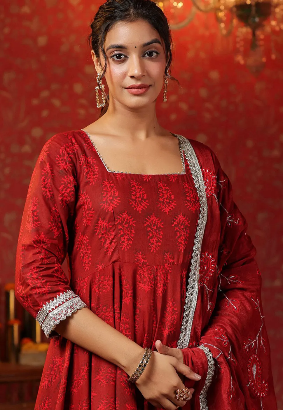 Block Printed Pure Cotton Aline Suit in Red