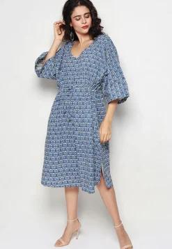 Block Printed Pure Cotton Kaftan Style Dress in Navy Blue