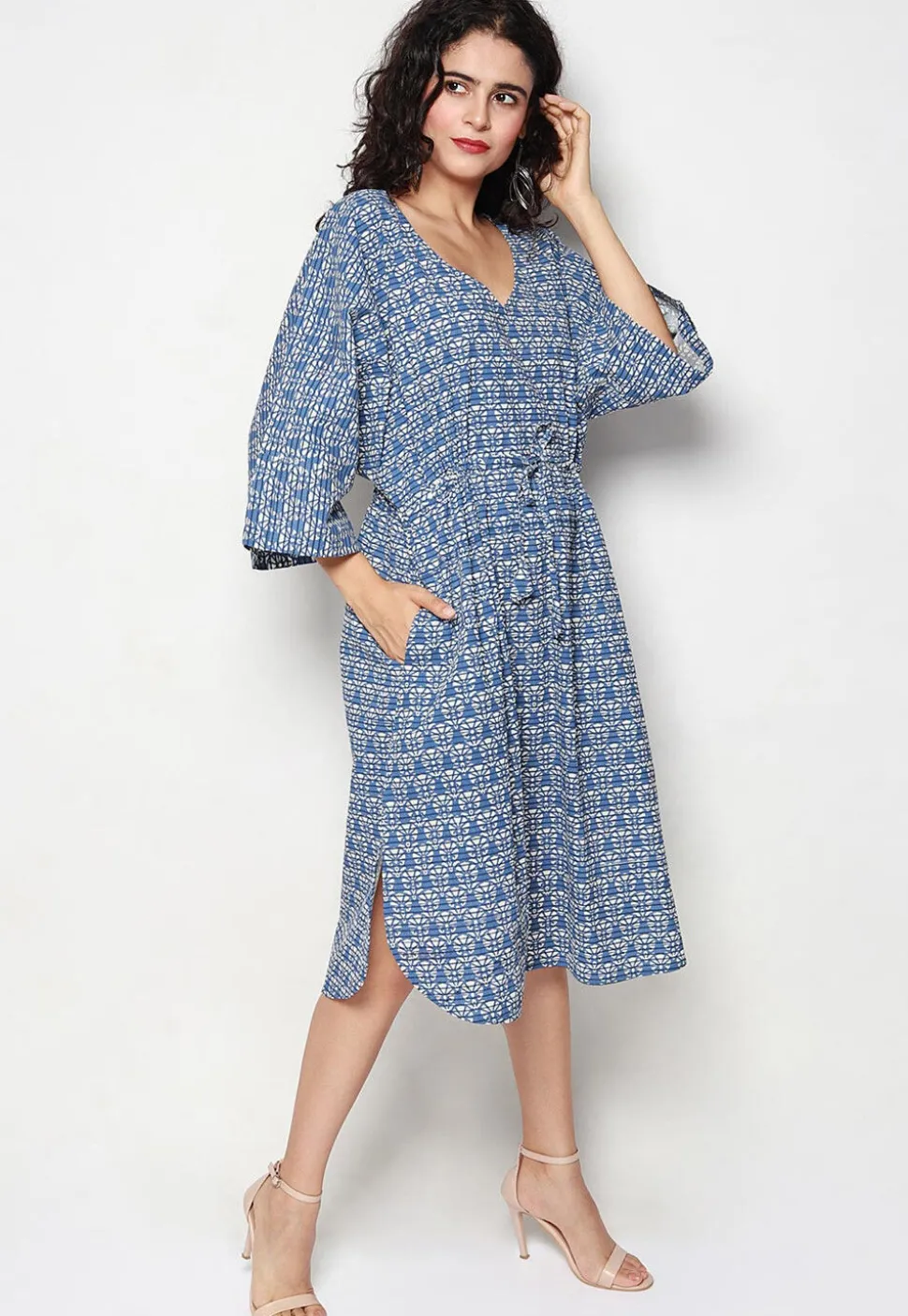 Block Printed Pure Cotton Kaftan Style Dress in Navy Blue