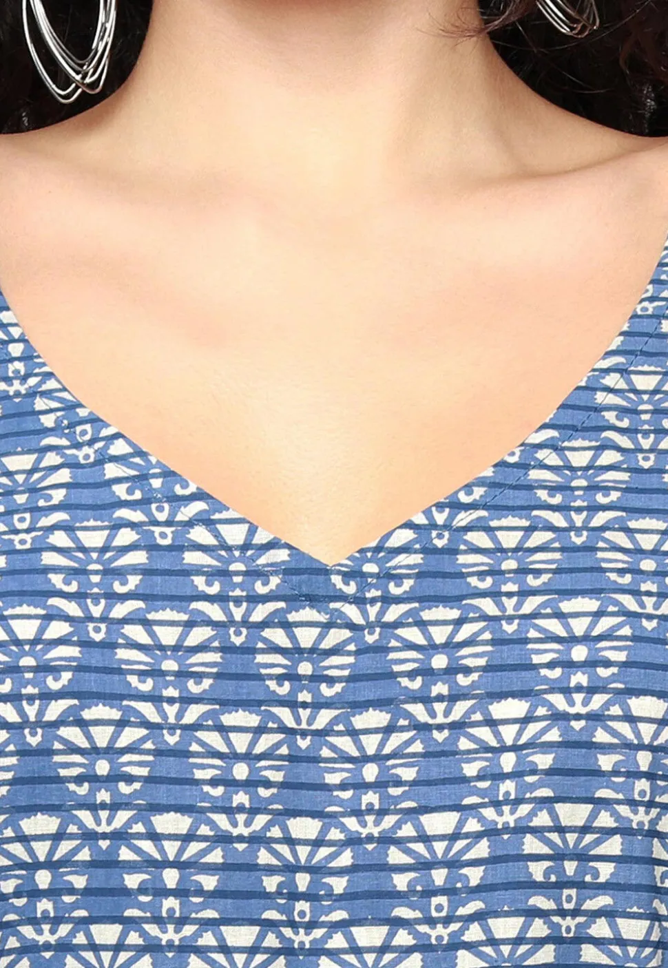 Block Printed Pure Cotton Kaftan Style Dress in Navy Blue