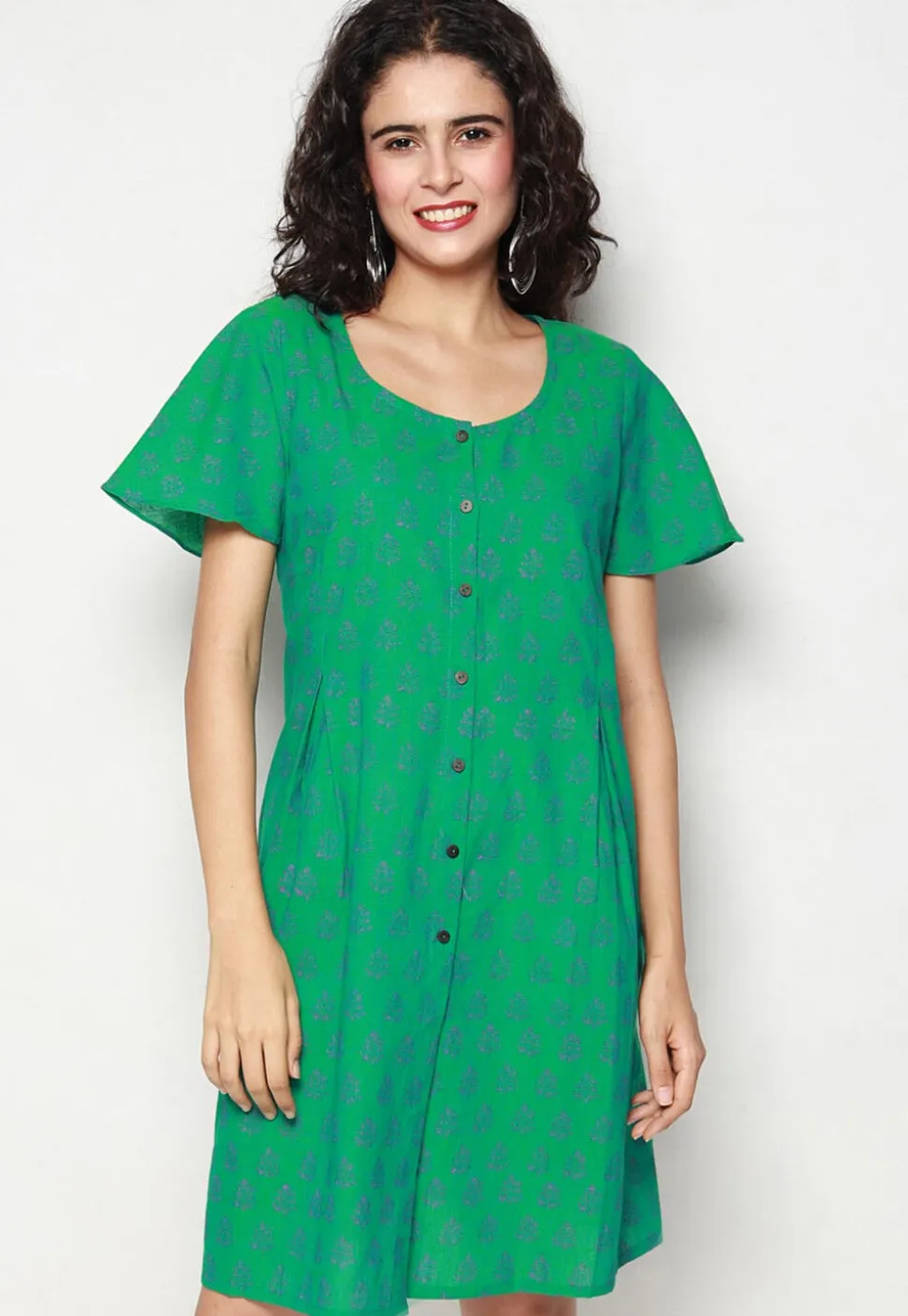 Block Printed Pure Cotton Aline Dress in Green