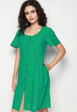 Block Printed Pure Cotton Aline Dress in Green