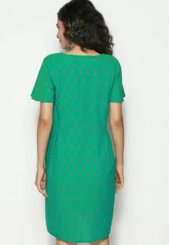 Block Printed Pure Cotton Aline Dress in Green