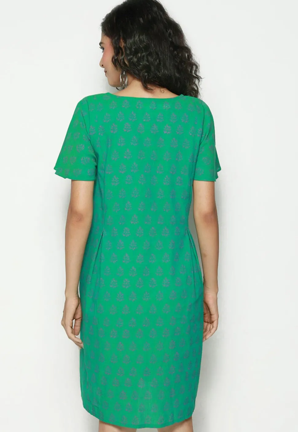 Block Printed Pure Cotton Aline Dress in Green