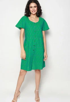Block Printed Pure Cotton Aline Dress in Green