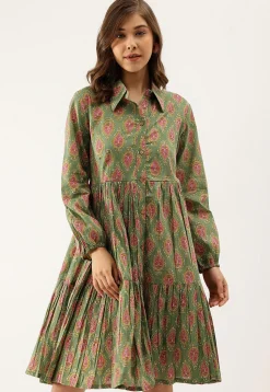 Block Printed Pure Cotton Tiered Short Dress in Dusty Green