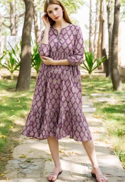 Block Printed Pure Cotton Tunic in Dark Magenta