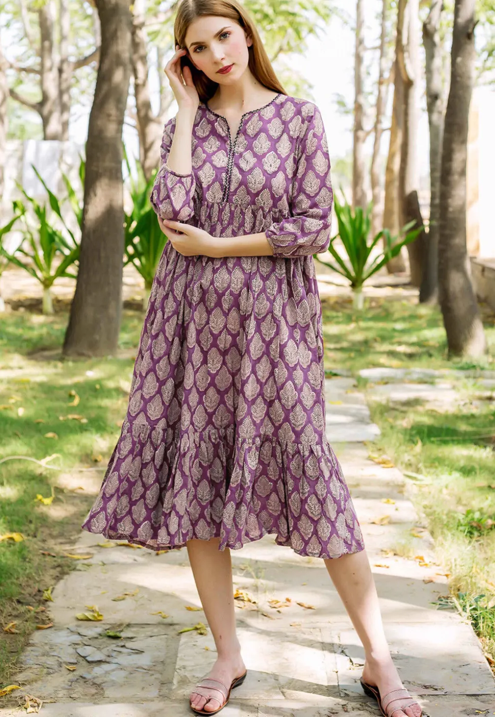Block Printed Pure Cotton Tunic in Dark Magenta