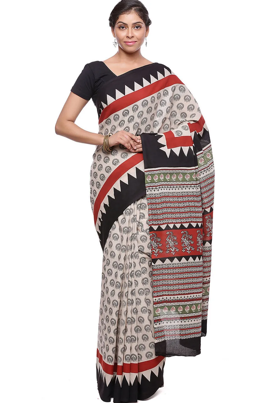 Block Printed Pure Cotton Saree in Light Beige