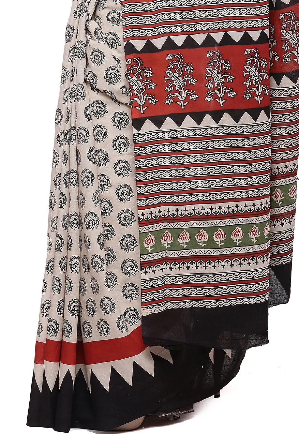 Block Printed Pure Cotton Saree in Light Beige