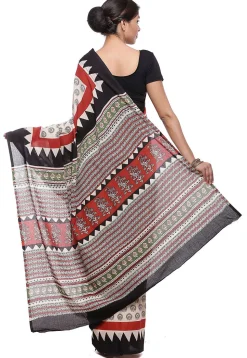 Block Printed Pure Cotton Saree in Light Beige