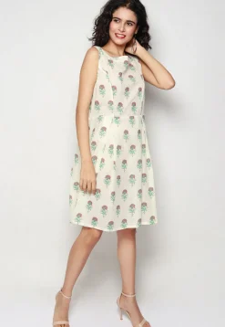 Block Printed Pure Cotton Aline Dress in Off White