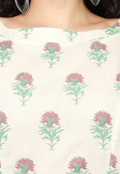 Block Printed Pure Cotton Aline Dress in Off White