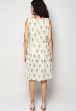Block Printed Pure Cotton Aline Dress in Off White