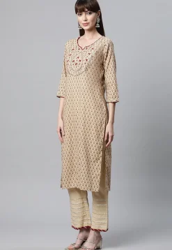 Block Printed Pure Cotton Pakistani Suit in Beige