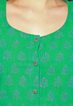 Block Printed Pure Cotton Aline Dress in Green