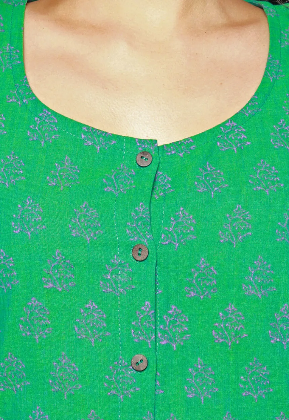 Block Printed Pure Cotton Aline Dress in Green