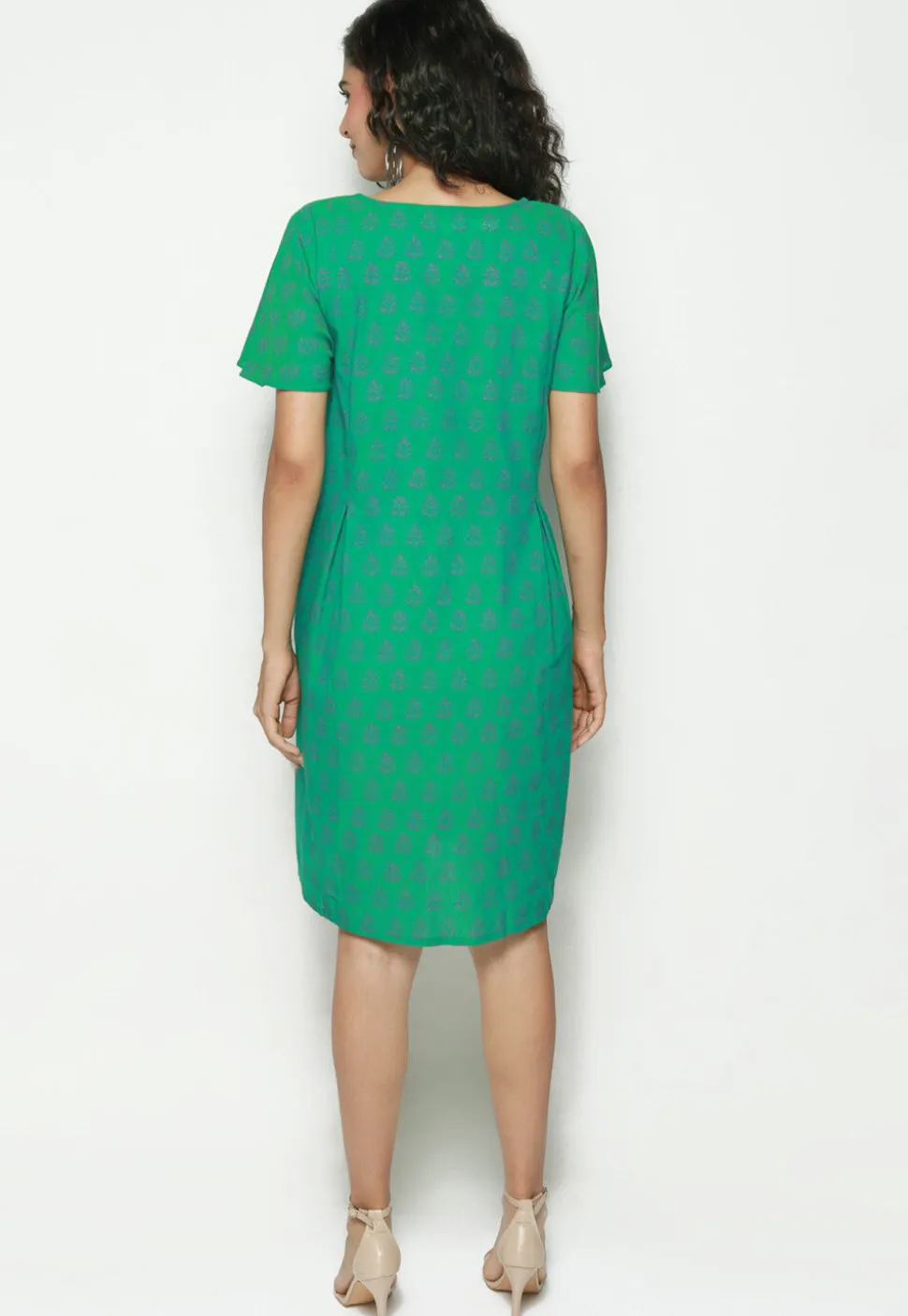 Block Printed Pure Cotton Aline Dress in Green