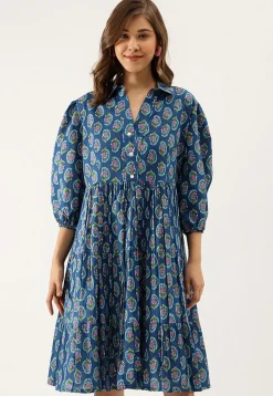 Block Printed Pure Cotton Tiered Short Dress in Navy Blue