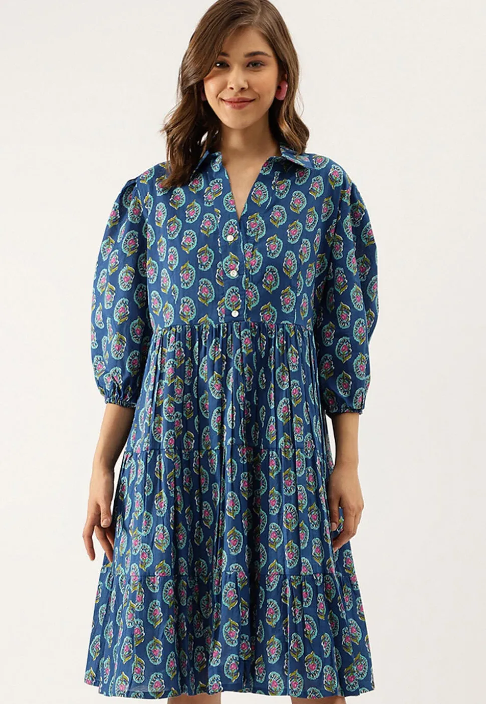 Block Printed Pure Cotton Tiered Short Dress in Navy Blue