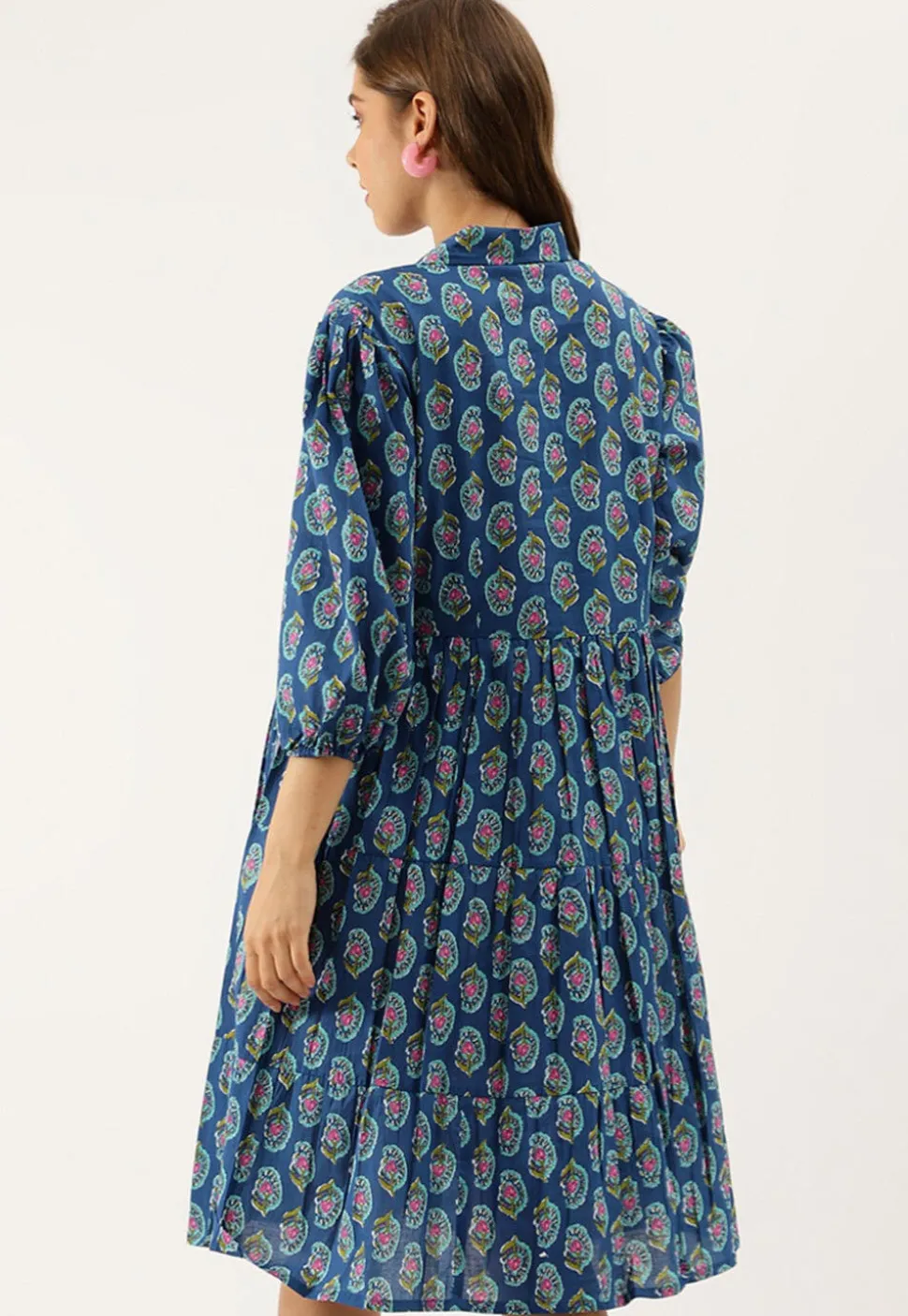 Block Printed Pure Cotton Tiered Short Dress in Navy Blue
