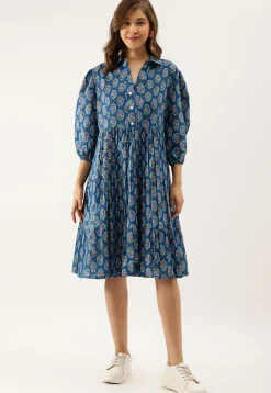 Block Printed Pure Cotton Tiered Short Dress in Navy Blue