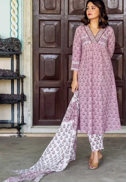Block Printed Pure Cotton A Line Suit in Light Purple