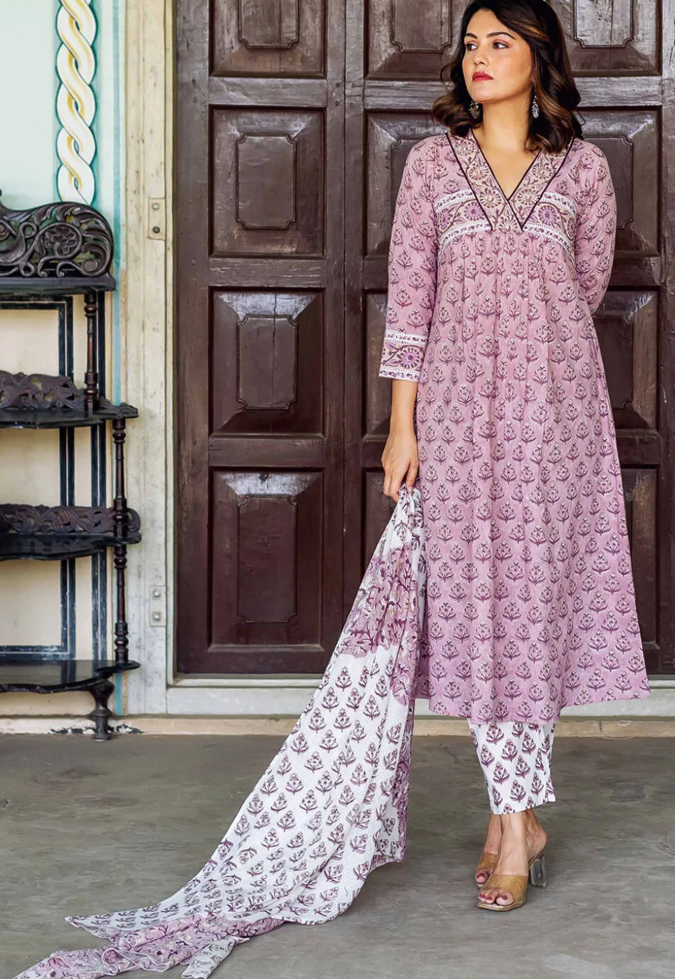 Block Printed Pure Cotton A Line Suit in Light Purple