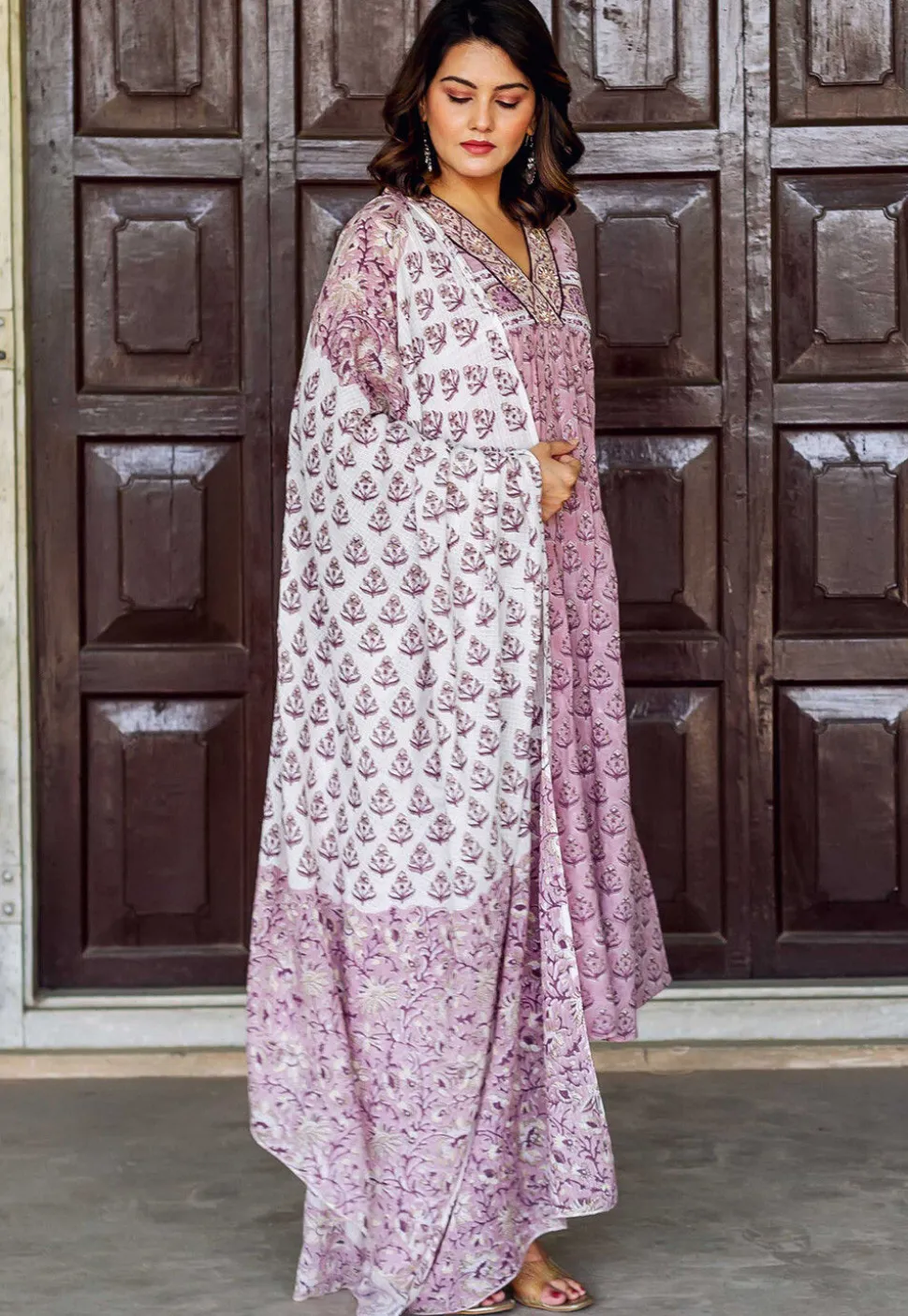 Block Printed Pure Cotton A Line Suit in Light Purple