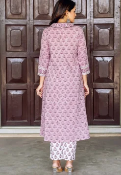 Block Printed Pure Cotton A Line Suit in Light Purple