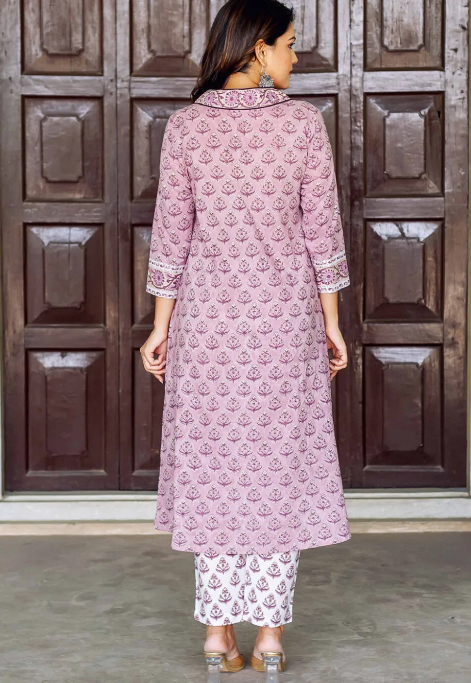 Block Printed Pure Cotton A Line Suit in Light Purple