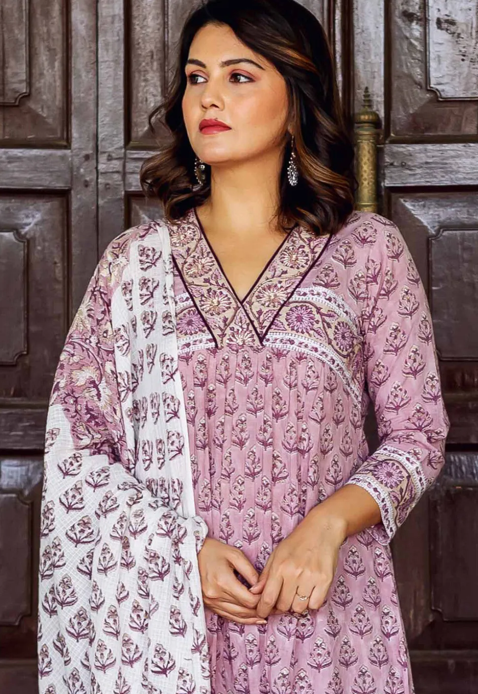 Block Printed Pure Cotton A Line Suit in Light Purple