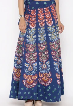 Block Printed Pure Cotton Wrap Around Skirt in Navy Blue