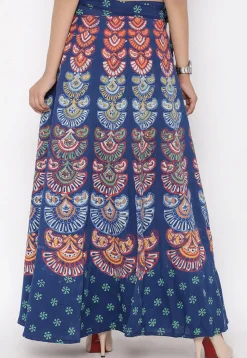 Block Printed Pure Cotton Wrap Around Skirt in Navy Blue