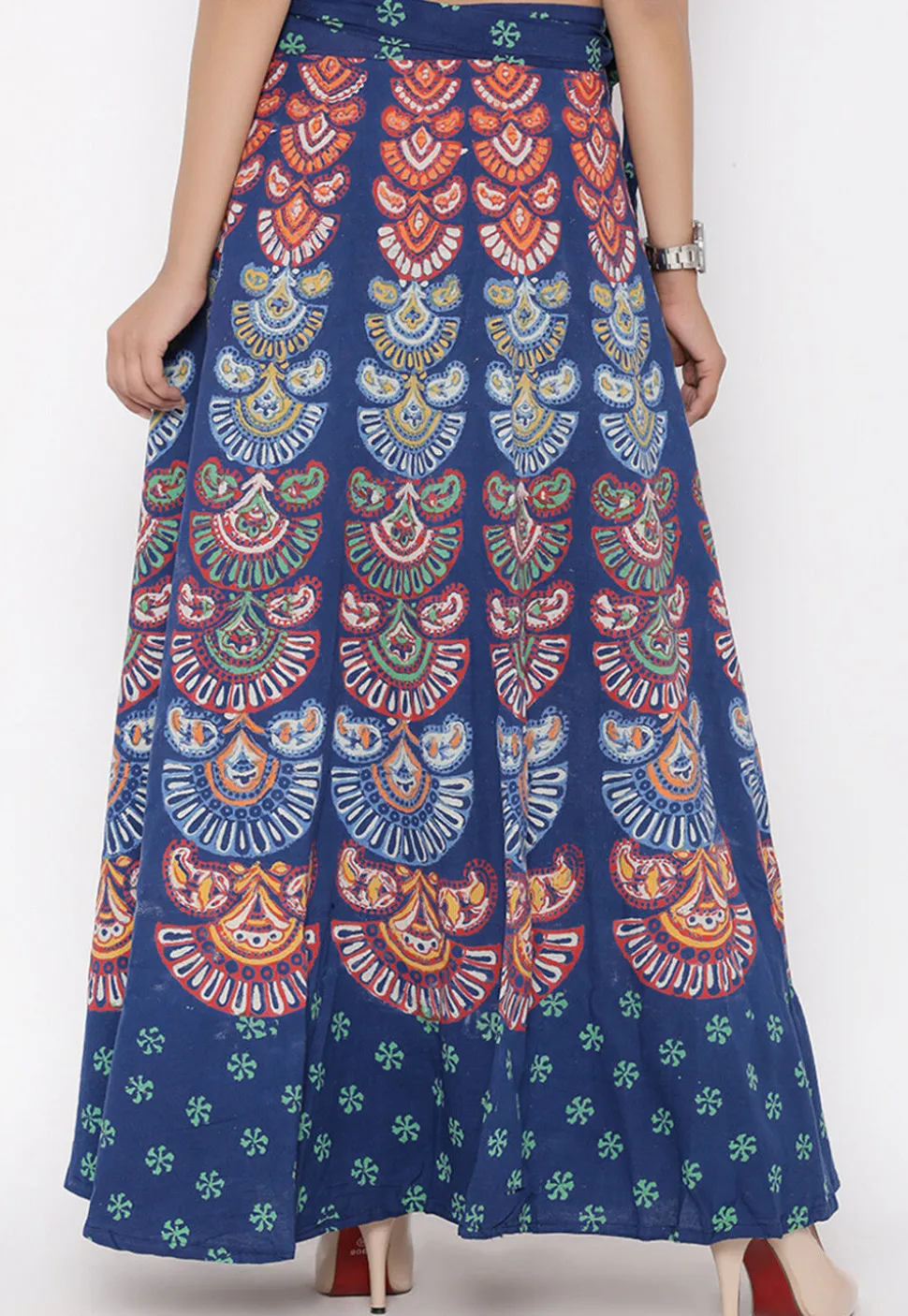 Block Printed Pure Cotton Wrap Around Skirt in Navy Blue