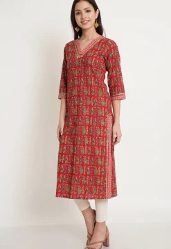 Block Printed Pure Cotton Straight Kurta in Red