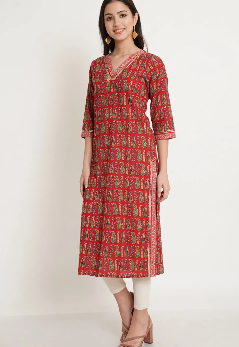 Block Printed Pure Cotton Straight Kurta in Red