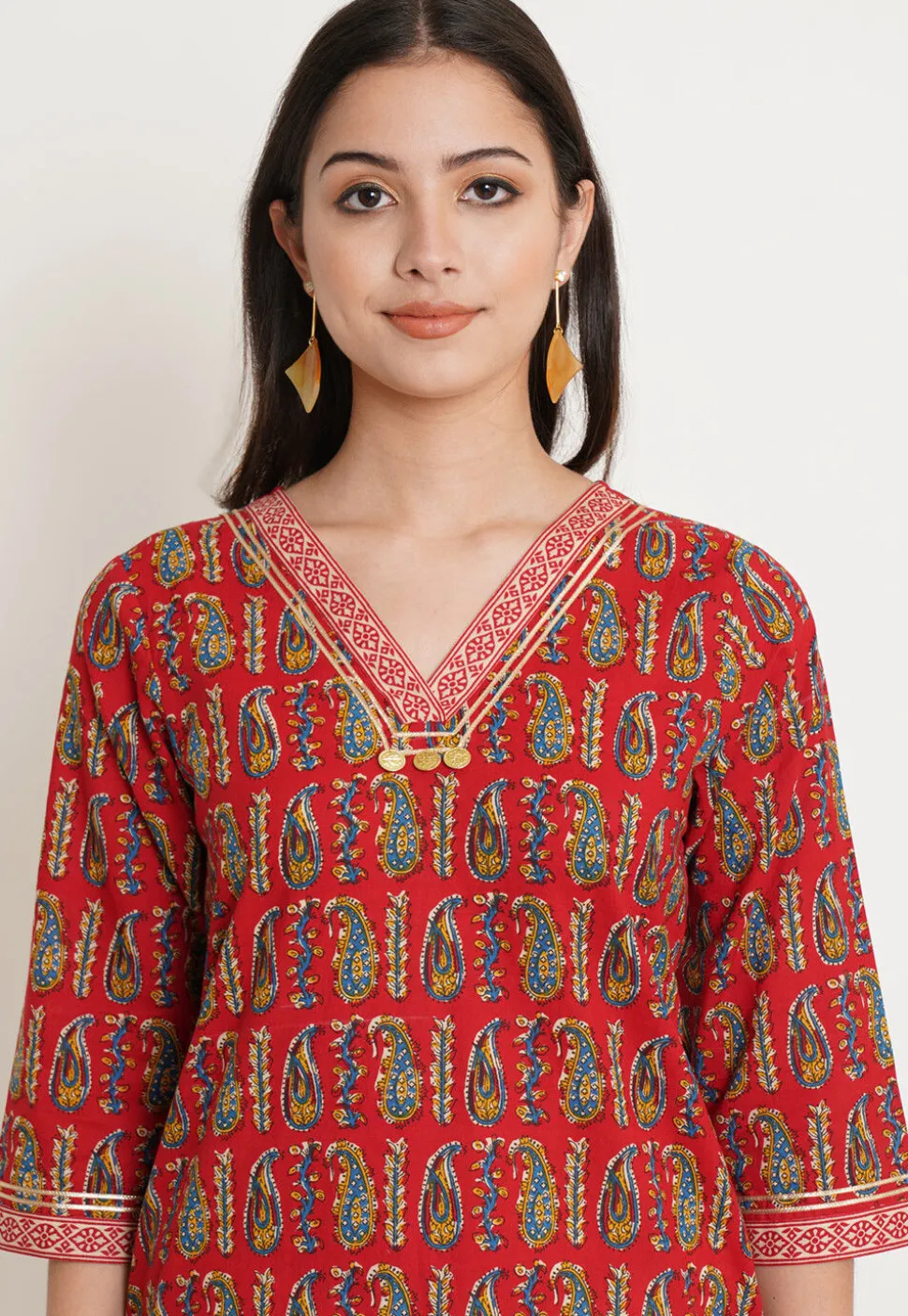 Block Printed Pure Cotton Straight Kurta in Red