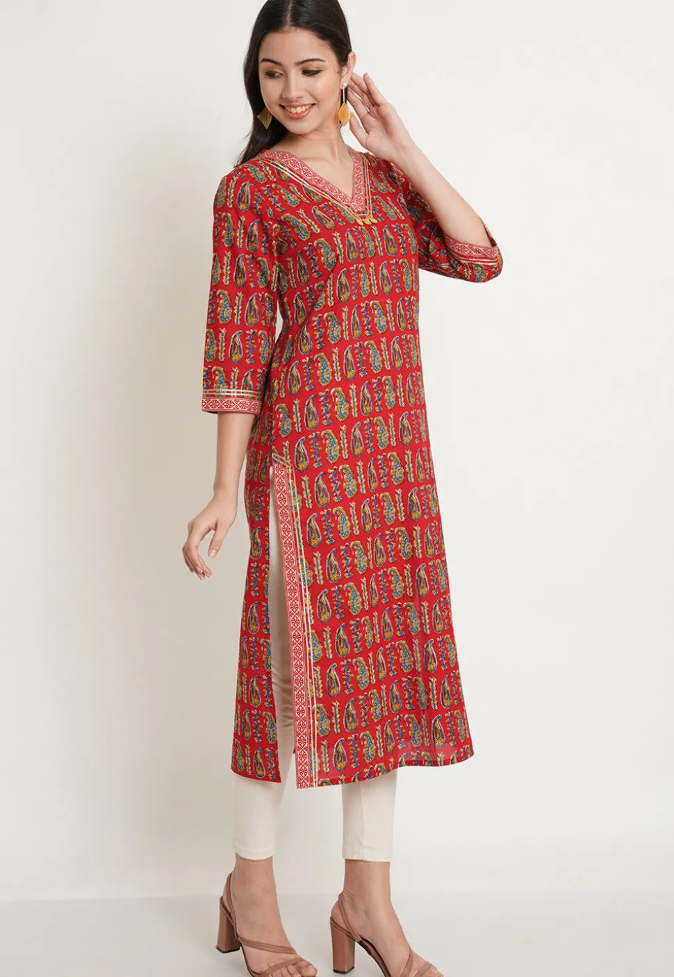 Block Printed Pure Cotton Straight Kurta in Red
