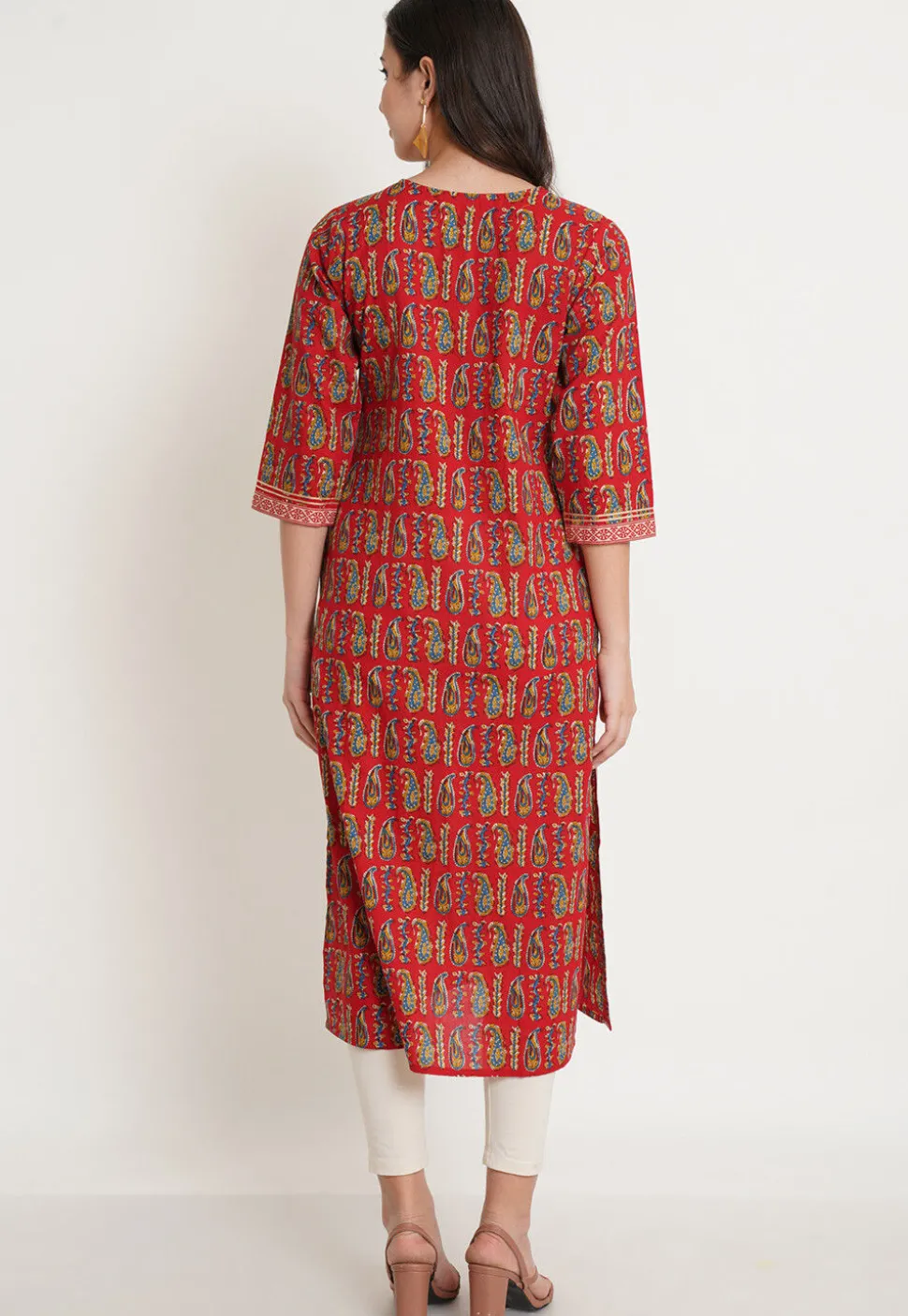 Block Printed Pure Cotton Straight Kurta in Red