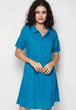 Block Printed Pure Cotton Aline Dress in Blue