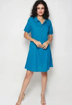 Block Printed Pure Cotton Aline Dress in Blue